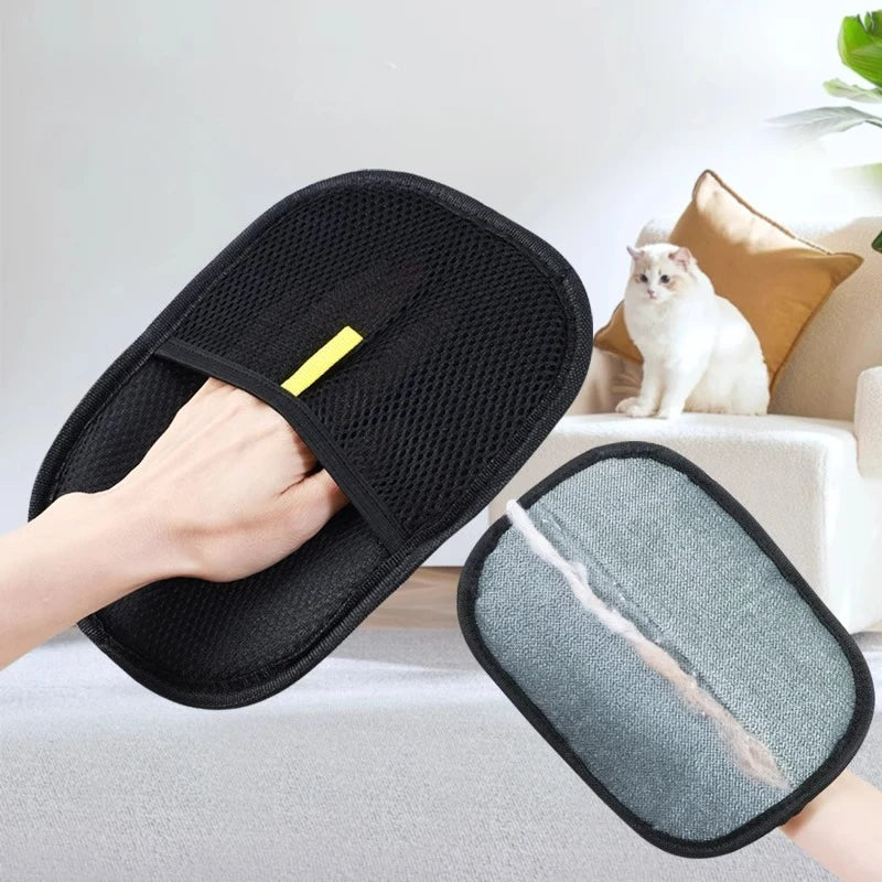 Hair removal glove lifting fur from upholstery