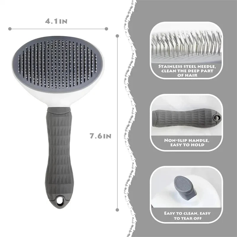 Self-cleaning grooming brush ergonomic handle