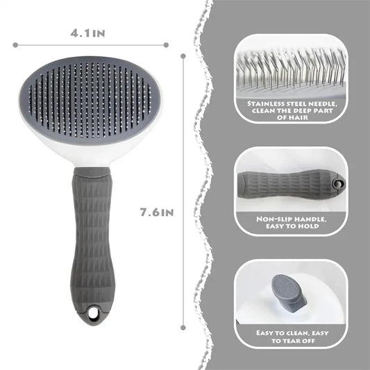 Self-cleaning grooming brush ergonomic handle