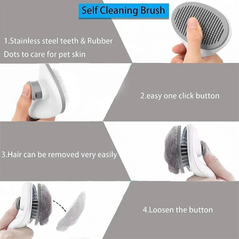 Self-cleaning brush removing loose undercoat from a dog