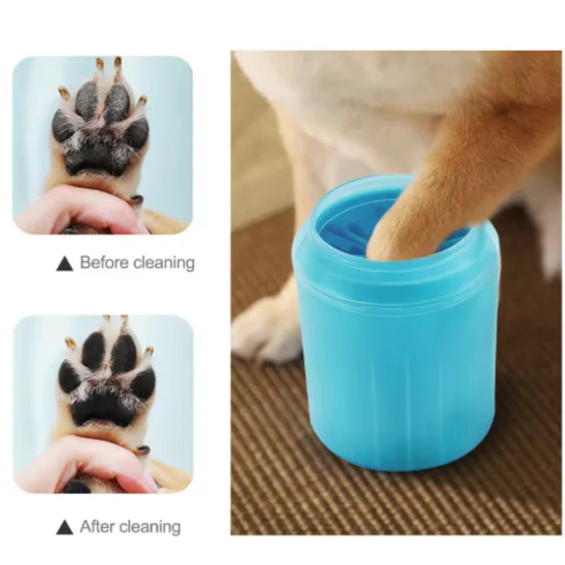 Dog paw being cleaned in the paw cleaning cup